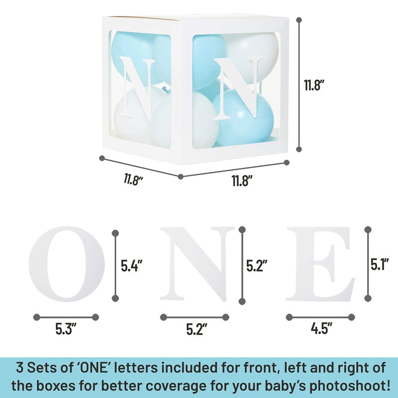 PartyHooman 1st Birthday 'ONE' Boxes - Boy Decorations with 24 Balloons - Clear Cube Blocks 'ONE' Letters for Cake Smash Photoshoot Props & Backdrop - Image 4